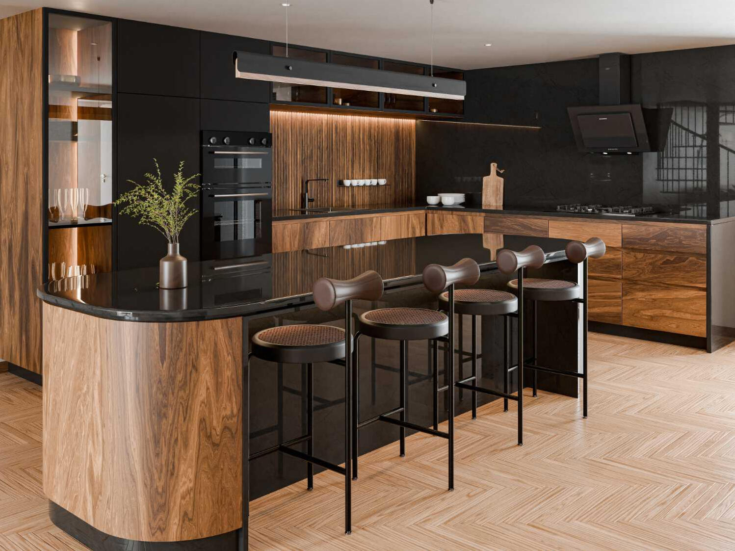 Visualisation 3D architecturale, perspective d'intérieur d'une cuisine / salle à manger. Style contemporain, design minimaliste, luxe