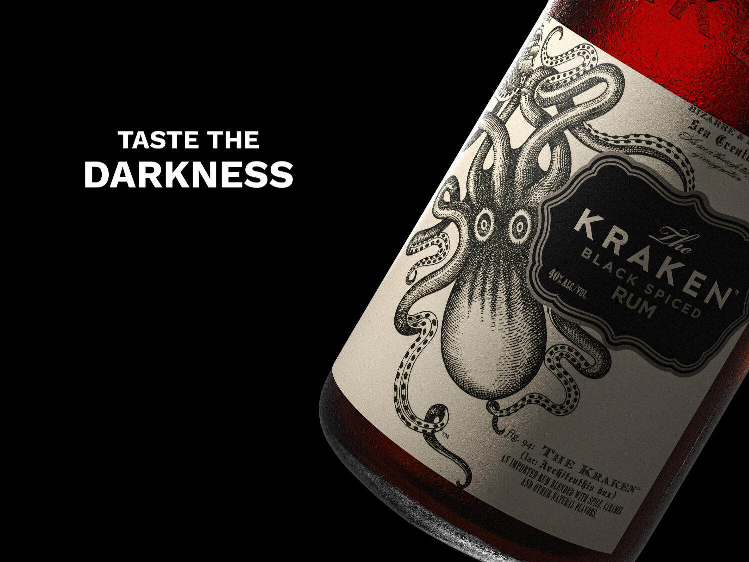 Visualisation 3D réaliste de la bouteille The Kraken Rum dans un décor sombre et mystérieux. Un projet artistique immersif inspiré du mythe du Kraken.