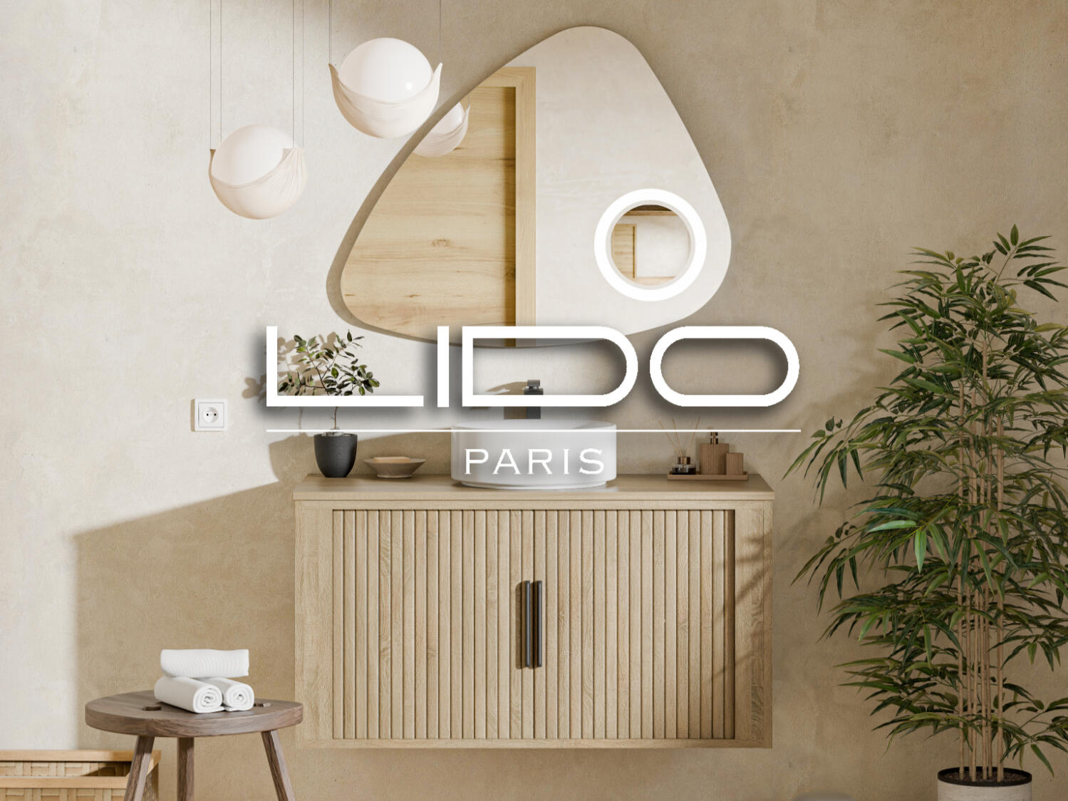 Visualisation 3D du meuble Nagoya, une création de 2023 par LIDO Paris. La marque est spécialisée dans les meubles de salle de bain pour les professionnels. Le meuble Nagoya adopte un style Japandi, caractérisé par ses portes coulissantes qui minimisent l'