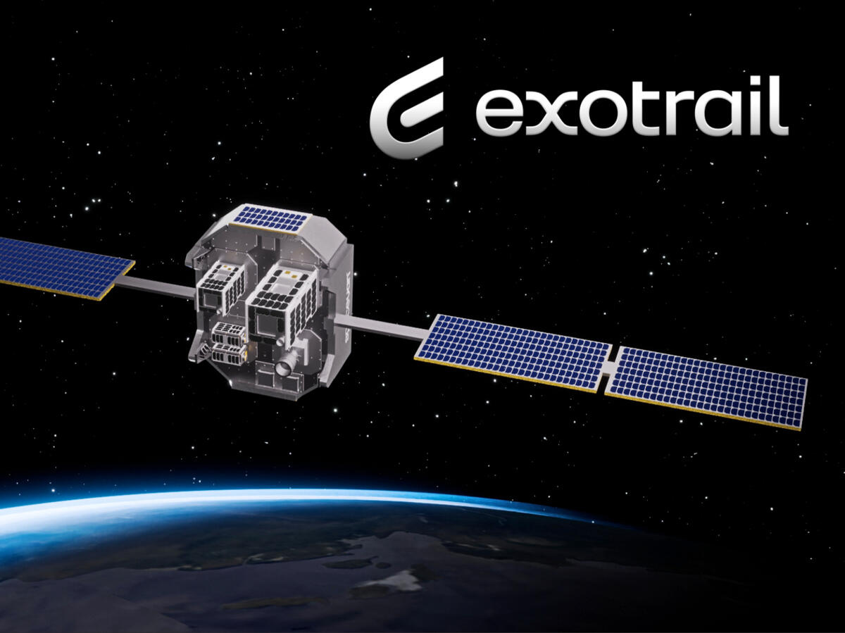 3D animation of two Exotrail spacevan orbital transfer vehicles, GEO and LEO variants, rotating to reveal their satellite payloads
